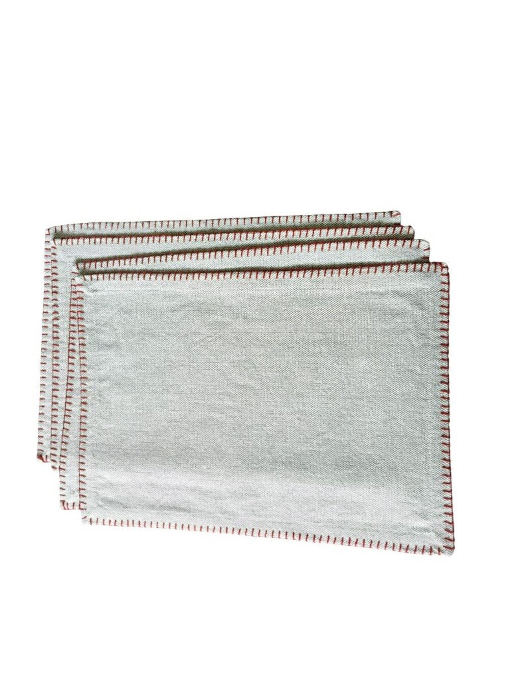Vintage Hand-Stitched Cotton Placemats With Red Embroidery Edging, Set Of 4